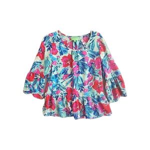 Pappagallo Bright AQUA PINK Floral Blouse Round Neck Long Poet Sleeves SMALL